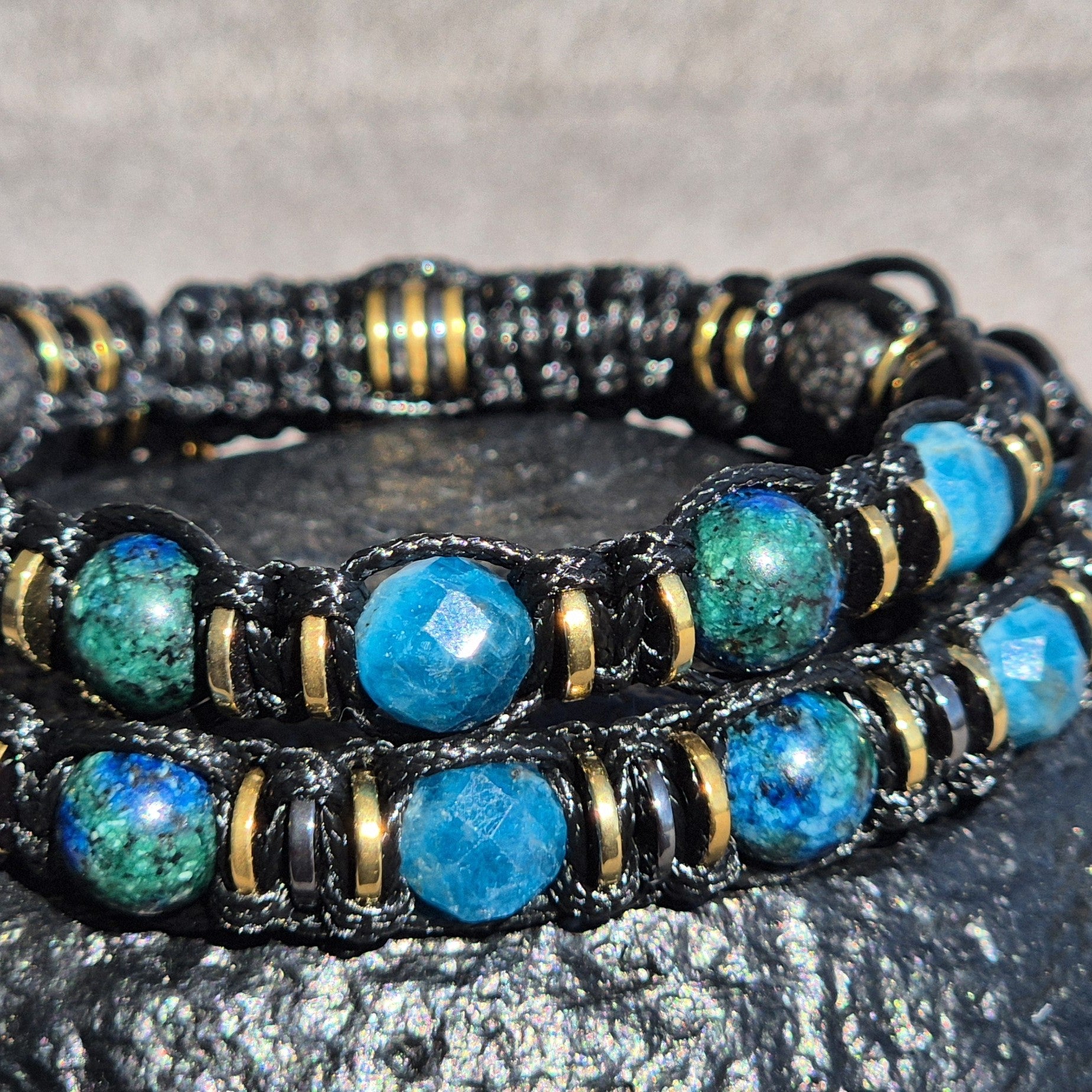 Adjustable Chrysocolla Onyx Lava Pair Bracelet "Deep Current" 501