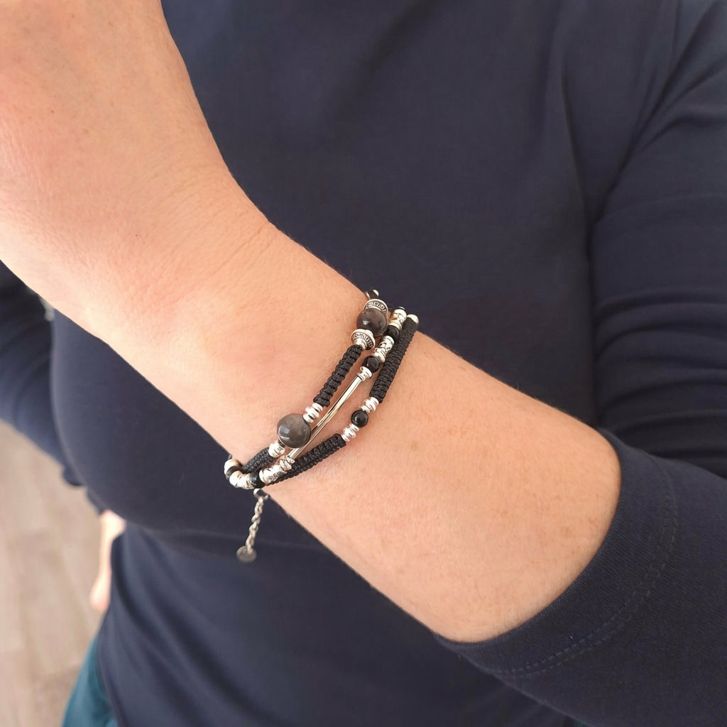 Midnight Shield: Obsidian & Silver Macramé Wrap