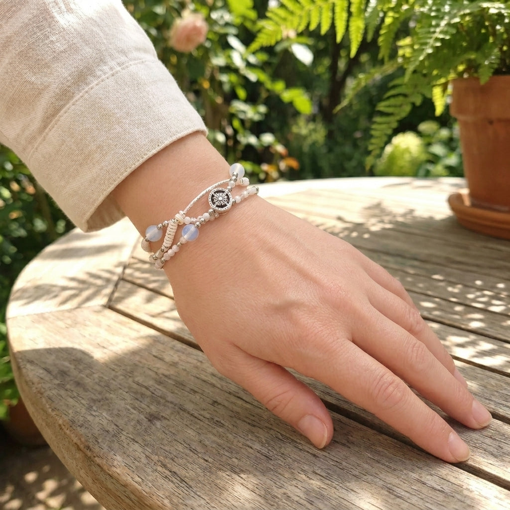 Celestial Glow Opal & Moonstone Macramé Bracelet with Silver Accents