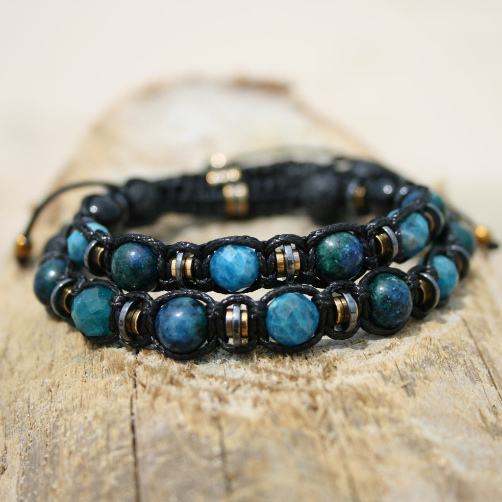 Adjustable Chrysocolla Onyx Lava Pair Bracelet "Deep Current" 501