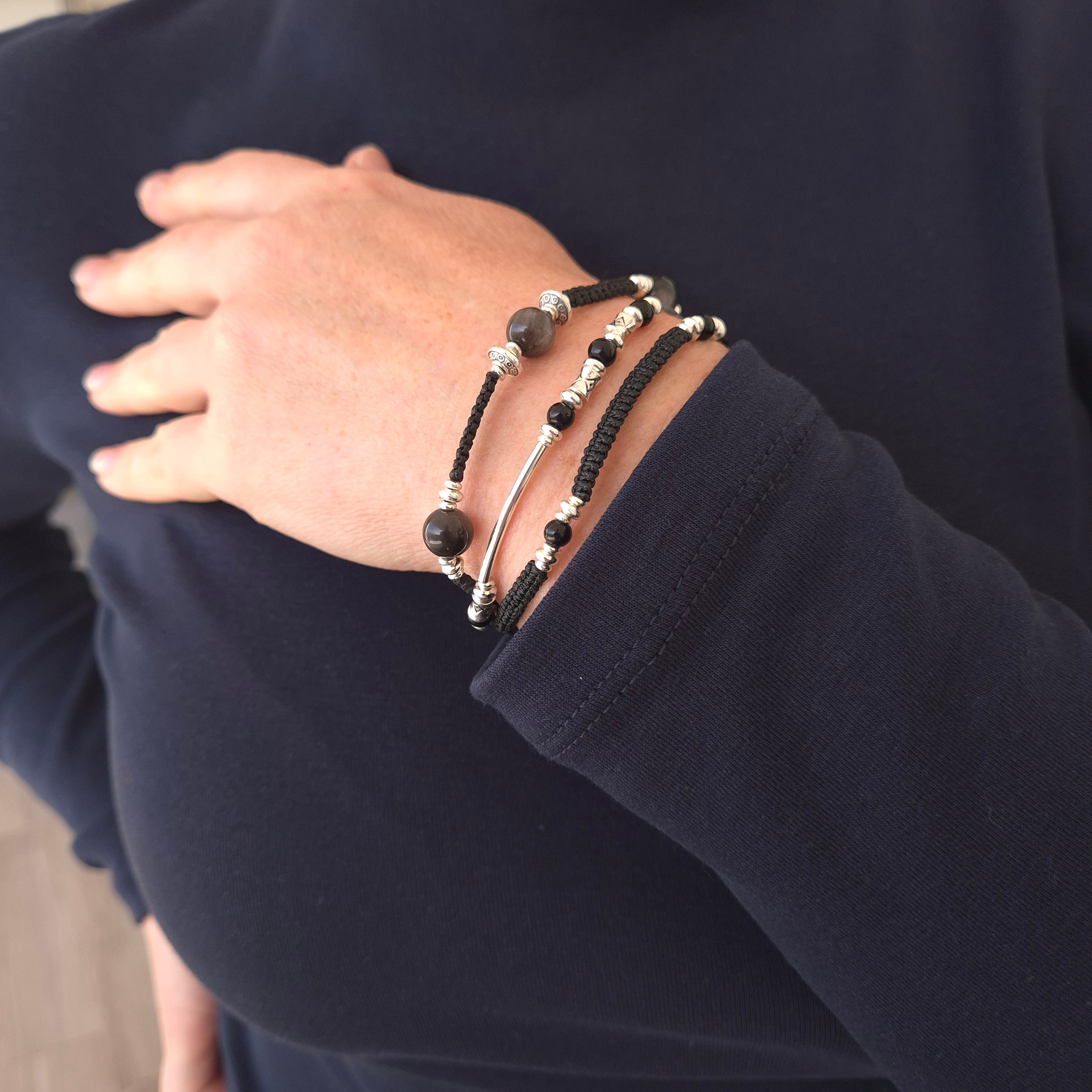 Midnight Shield: Obsidian & Silver Macramé Wrap