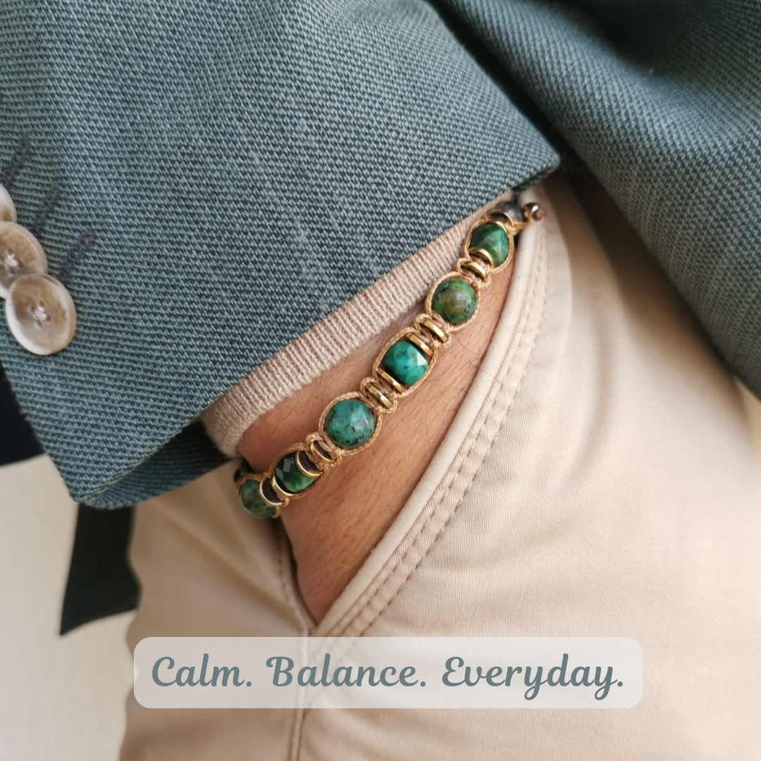 Men’s Grounding Bracelet – Green Tiger Eye, Turquoise & Lava Stone for Calm Balance