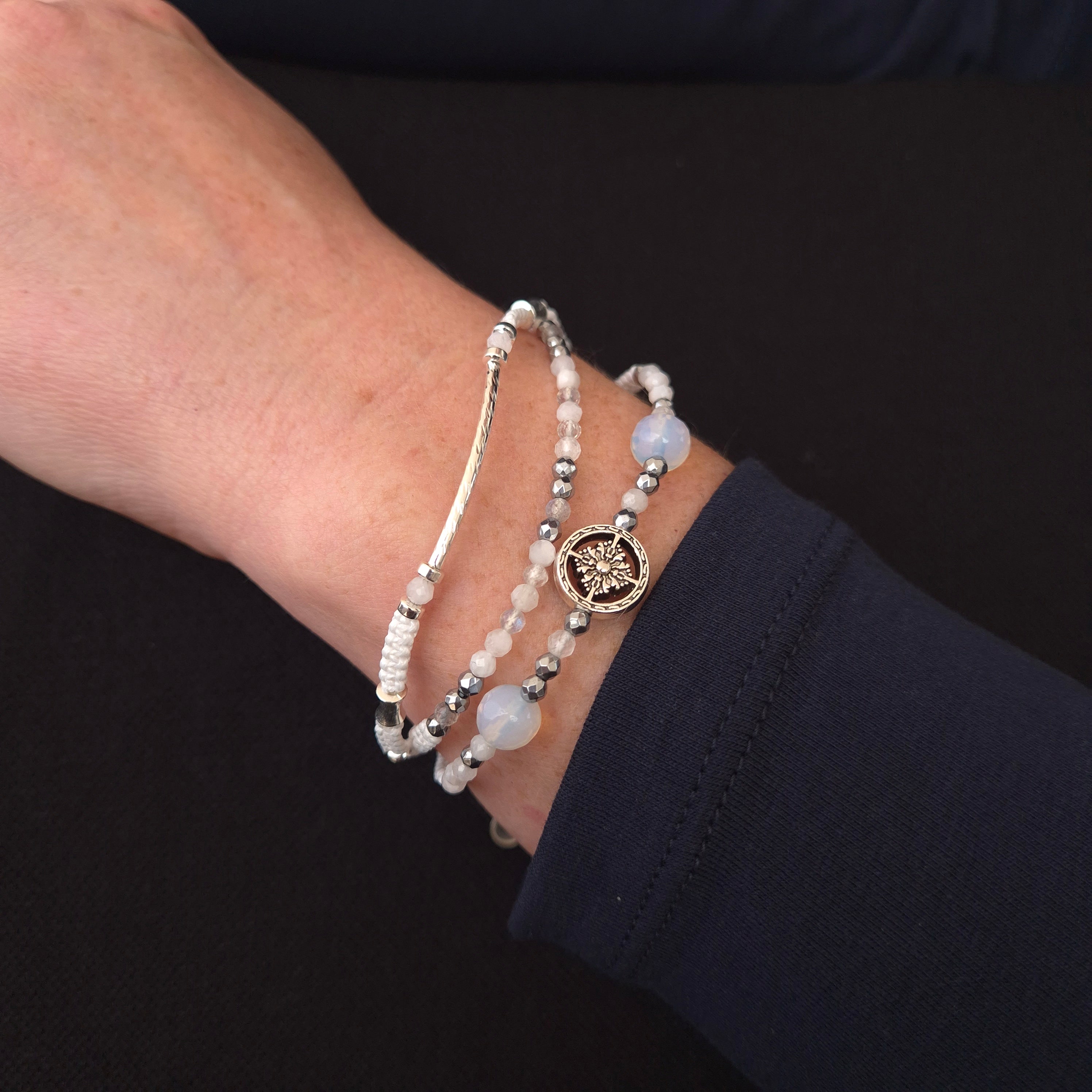Celestial Glow Opal & Moonstone Macramé Bracelet with Silver Accents