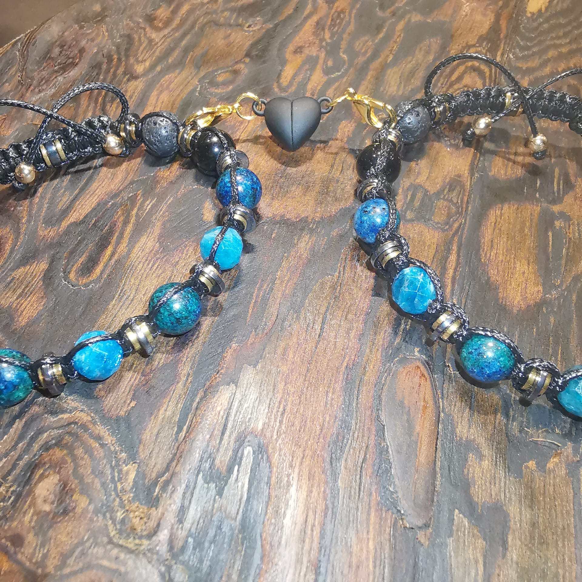 Adjustable Chrysocolla Onyx Lava Pair Bracelet "Deep Current" 501