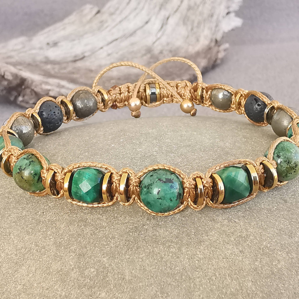 Men’s Grounding Bracelet – Green Tiger Eye, Turquoise & Lava Stone for Calm Balance