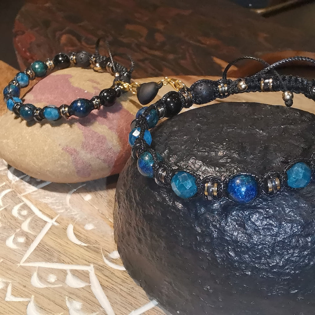 Adjustable Chrysocolla Onyx Lava Pair Bracelet "Deep Current" 501