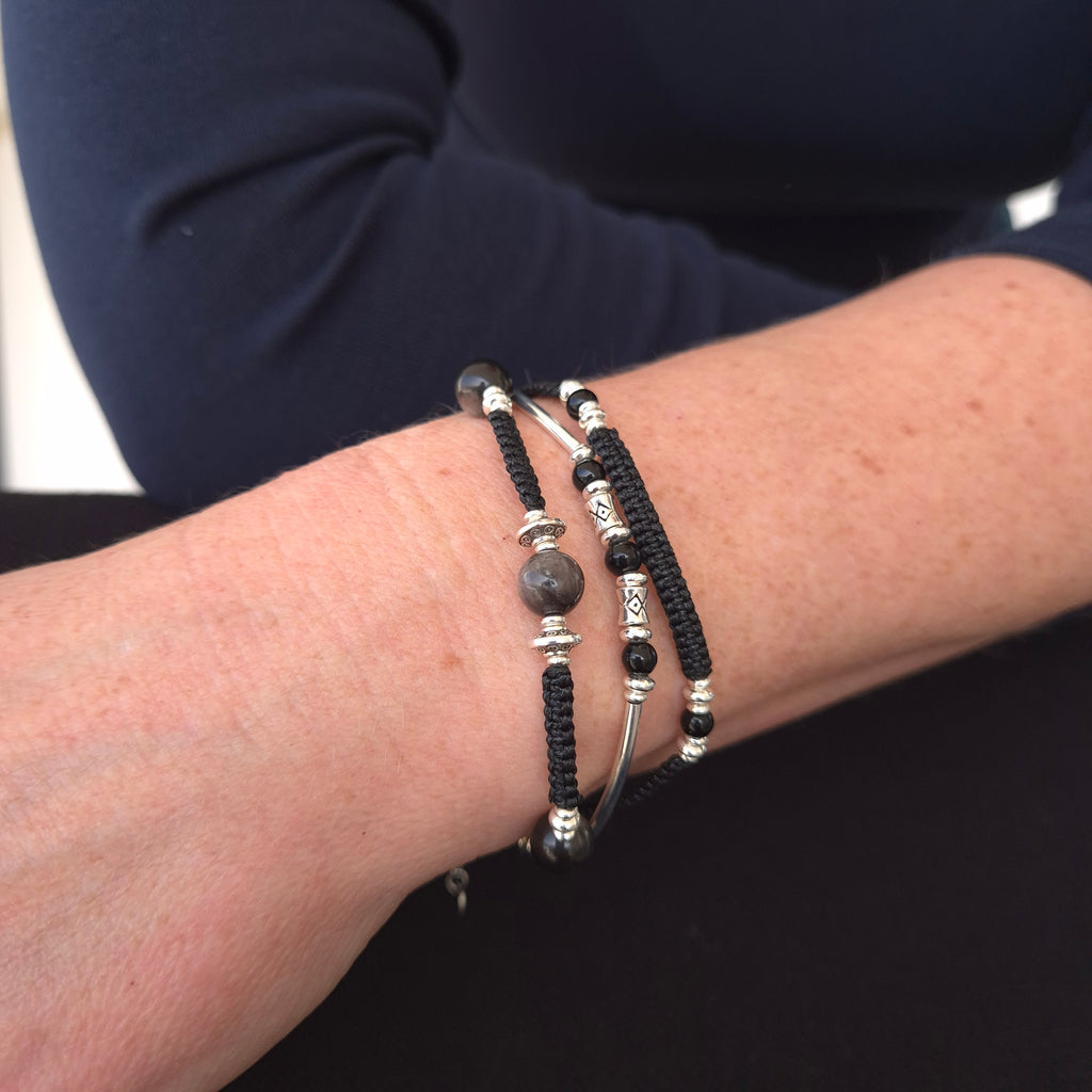 Midnight Shield: Obsidian & Silver Macramé Wrap