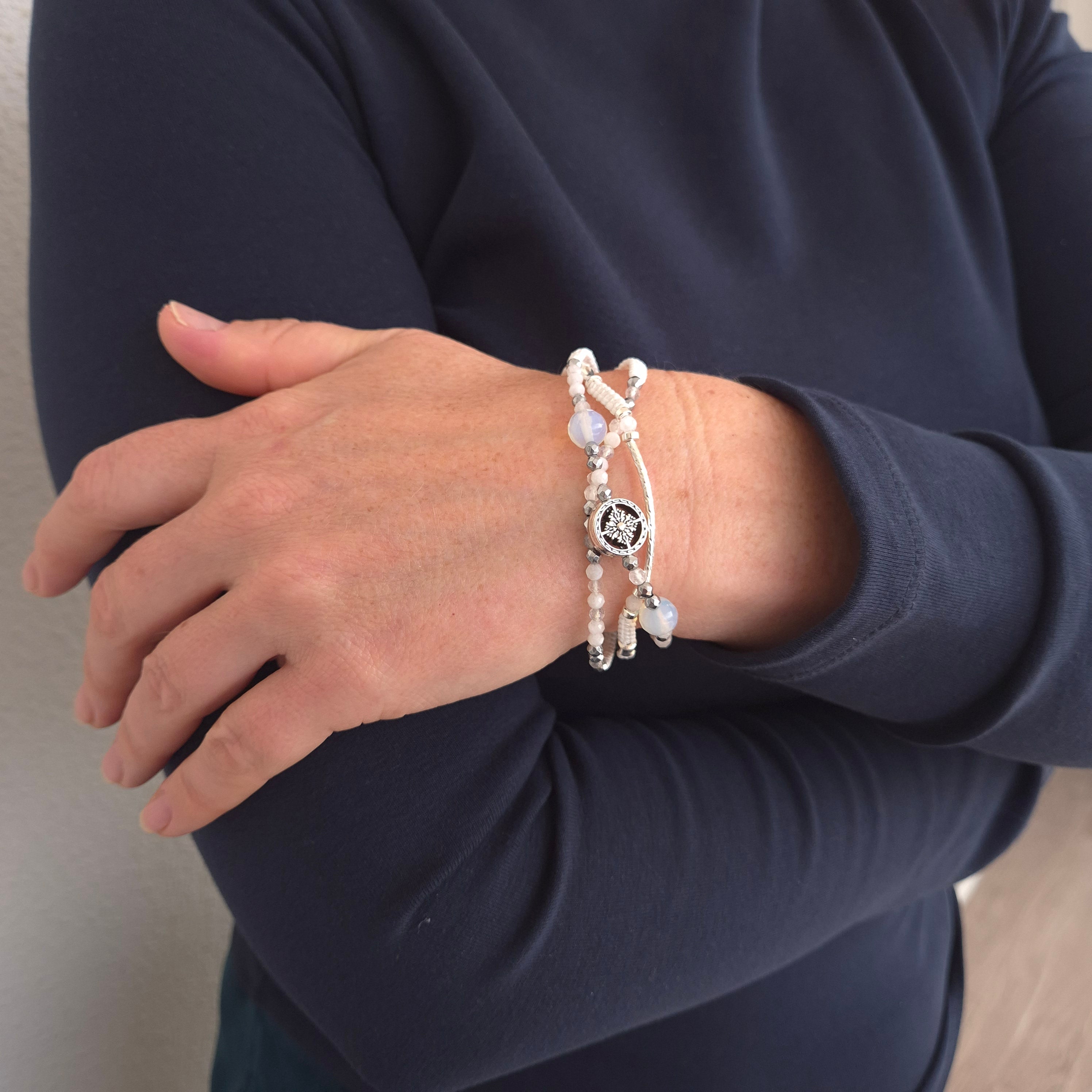 Celestial Glow Opal & Moonstone Macramé Bracelet with Silver Accents