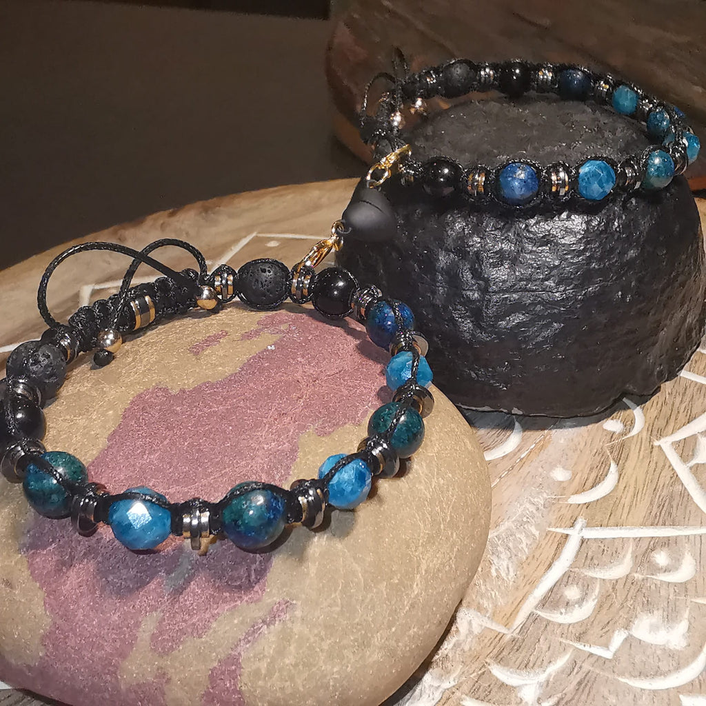 Adjustable Chrysocolla Onyx Lava Pair Bracelet "Deep Current" 501