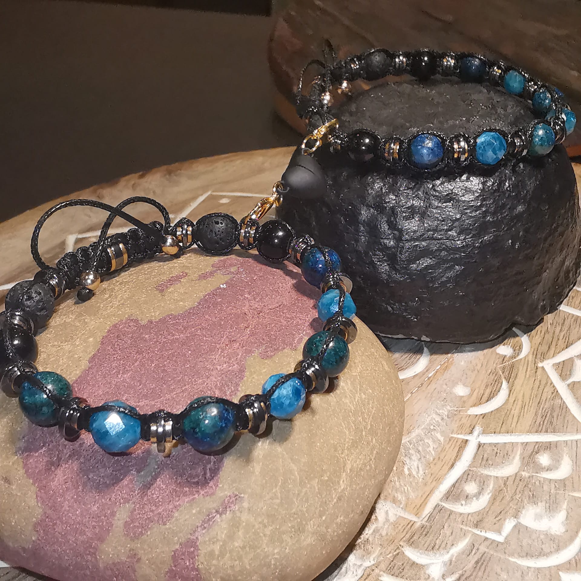 Adjustable Chrysocolla Onyx Lava Pair Bracelet "Deep Current" 501