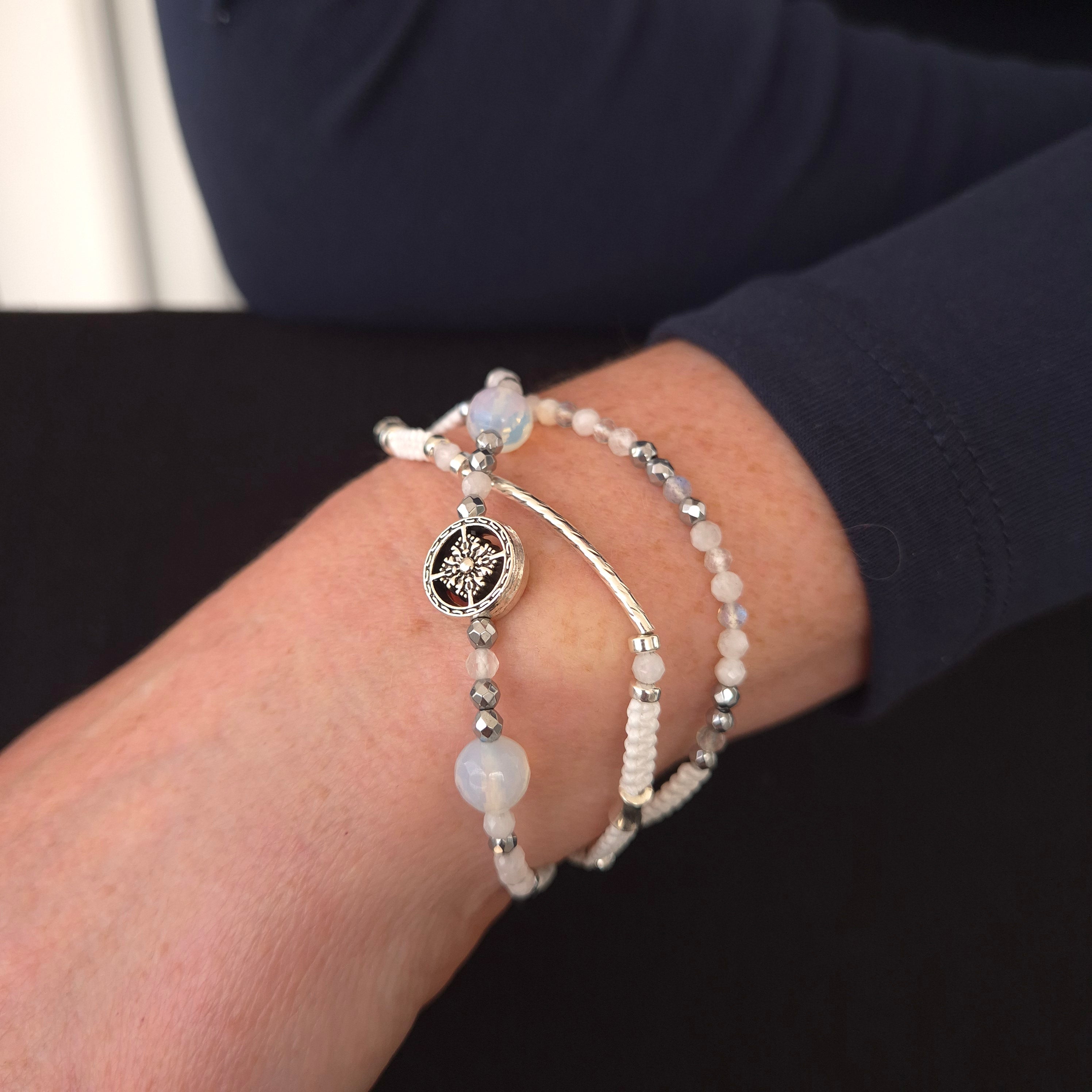 Celestial Glow Opal & Moonstone Macramé Bracelet with Silver Accents