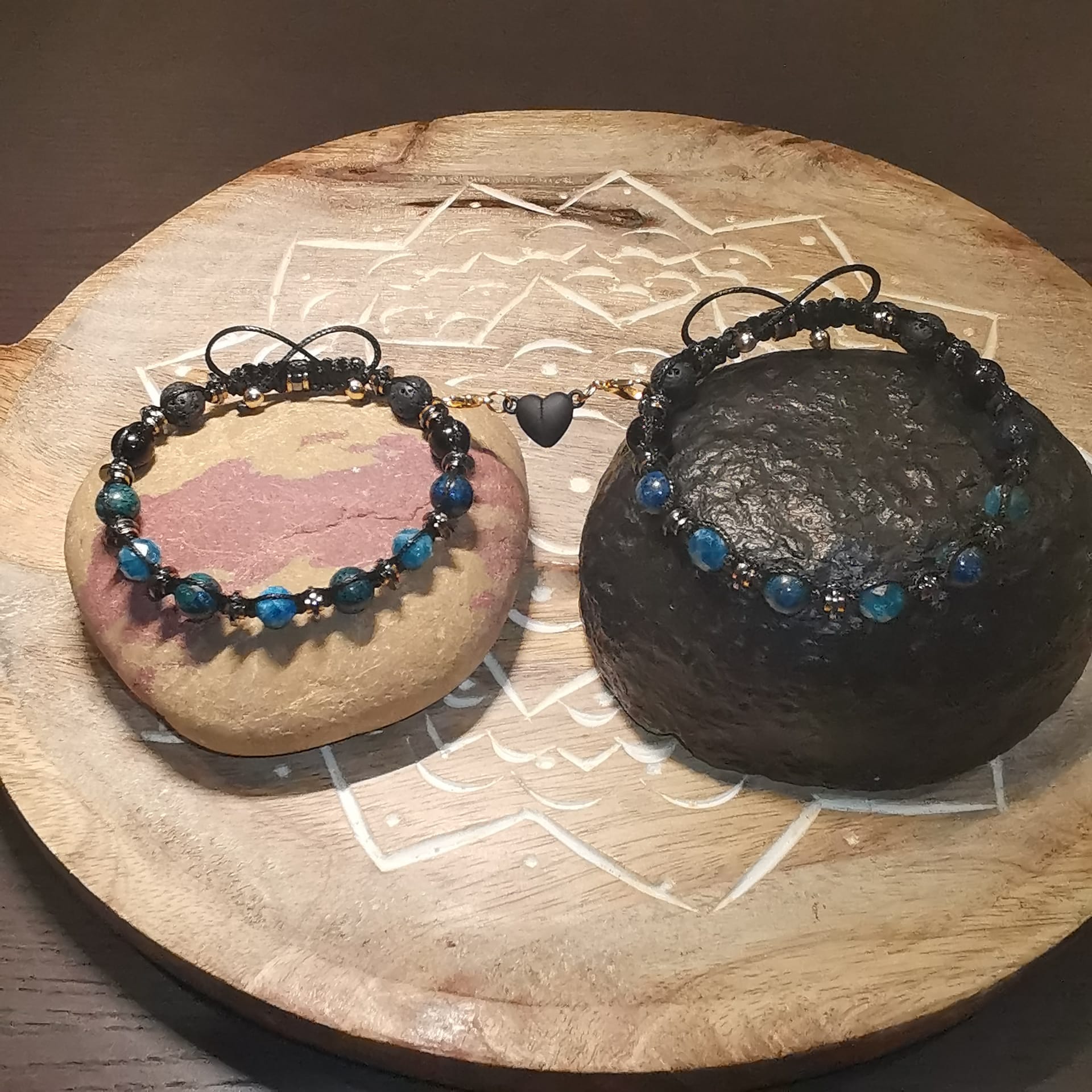 Adjustable Chrysocolla Onyx Lava Pair Bracelet "Deep Current" 501