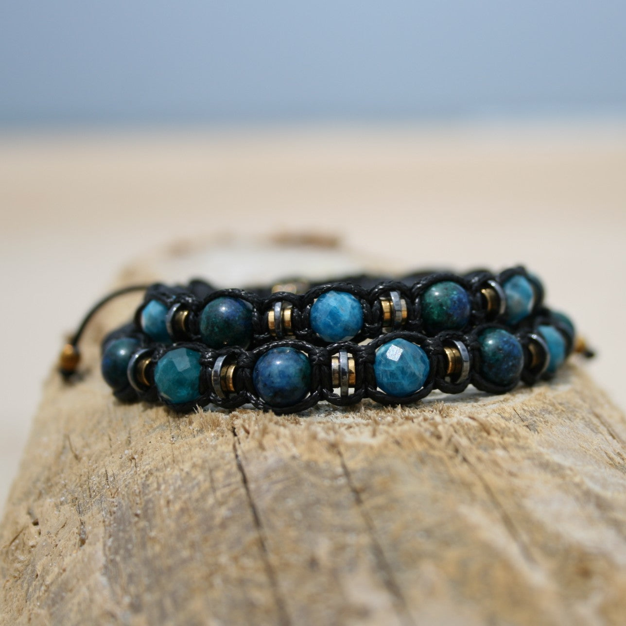 Adjustable Chrysocolla Onyx Lava Pair Bracelet "Deep Current" 501