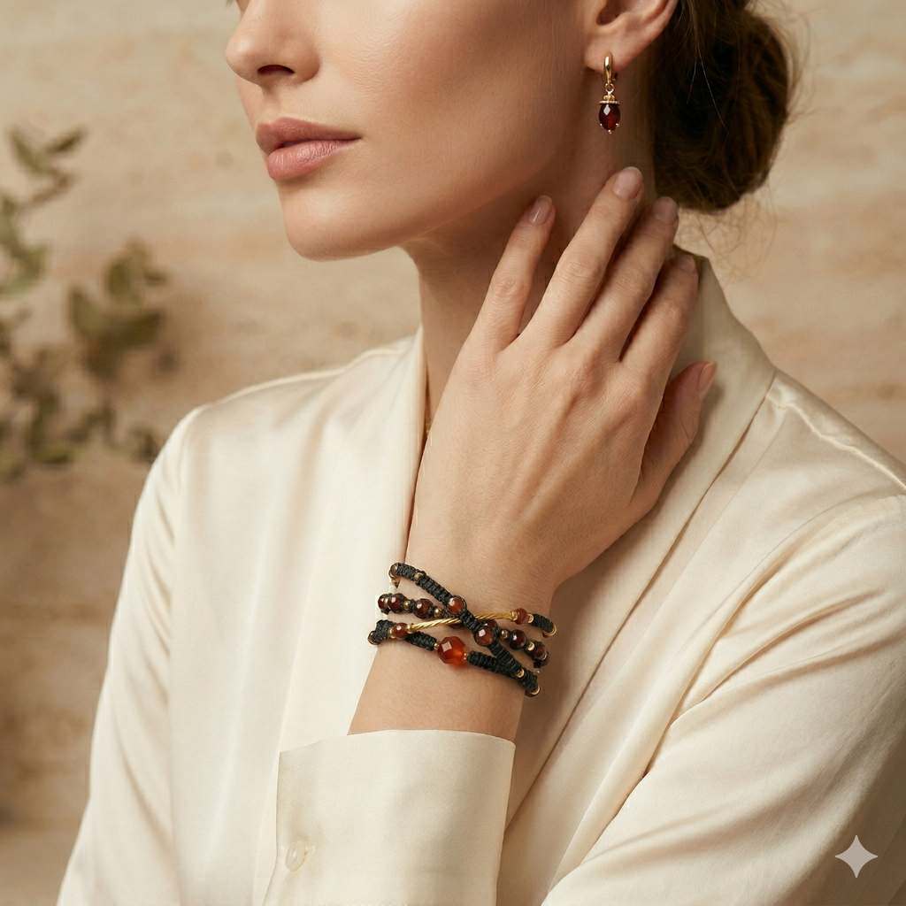 Handcrafted Garnet & Gold Macramé Wrap Bracelet