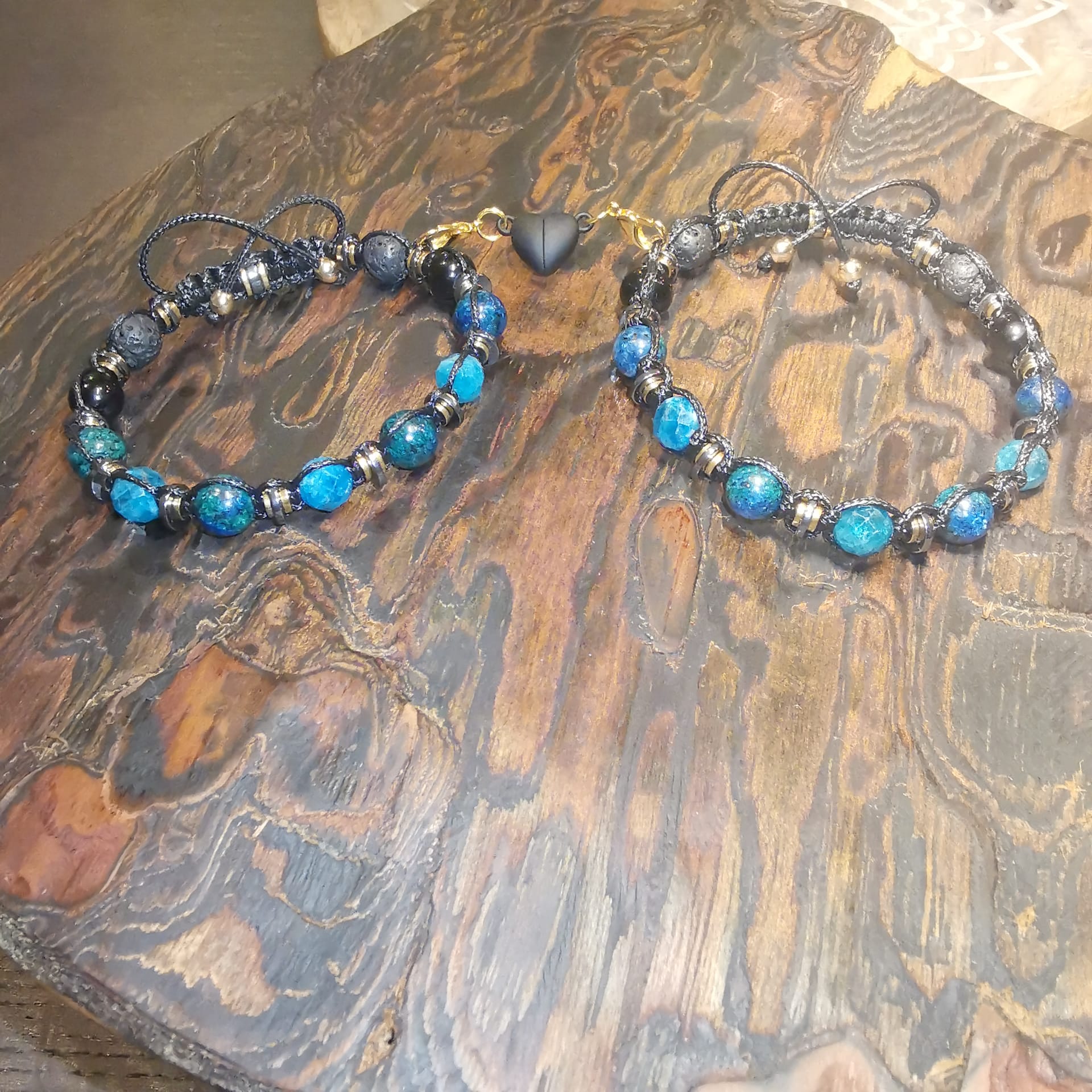 Adjustable Chrysocolla Onyx Lava Pair Bracelet "Deep Current" 501