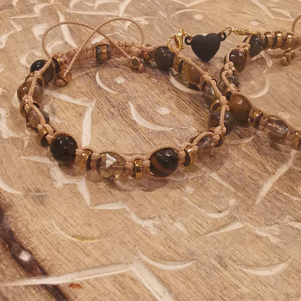 504 Brown Quartz, Tiger Eye Gold Obsidian bracelet "Sunlit Stoneforce"