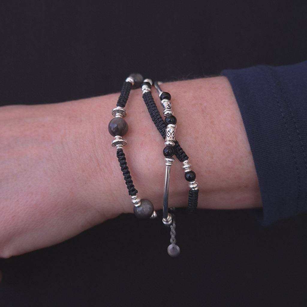Midnight Shield: Obsidian & Silver Macramé Wrap