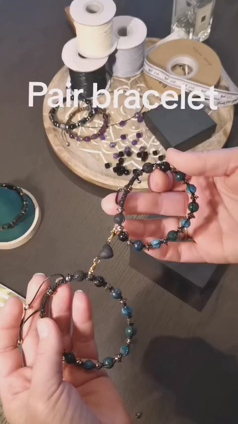 Adjustable Chrysocolla Onyx Lava Pair Bracelet "Deep Current" 501