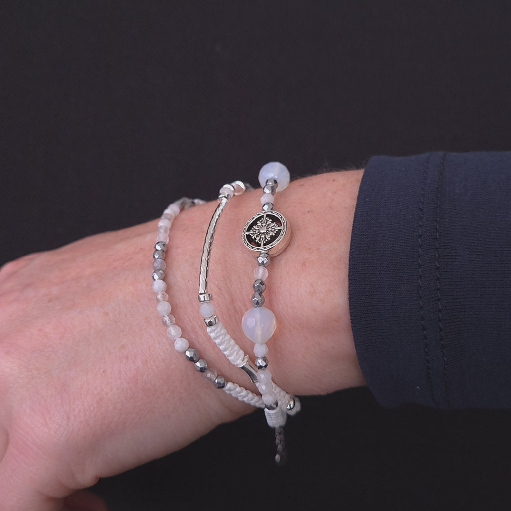 Celestial Glow Opal & Moonstone Macramé Bracelet with Silver Accents